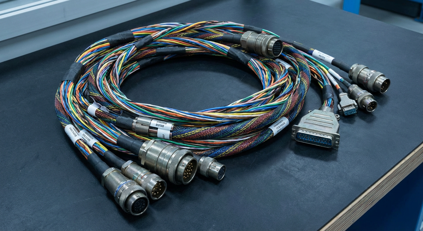 Complex aerospace cable harness and wire bundle assembly with military-spec connectors