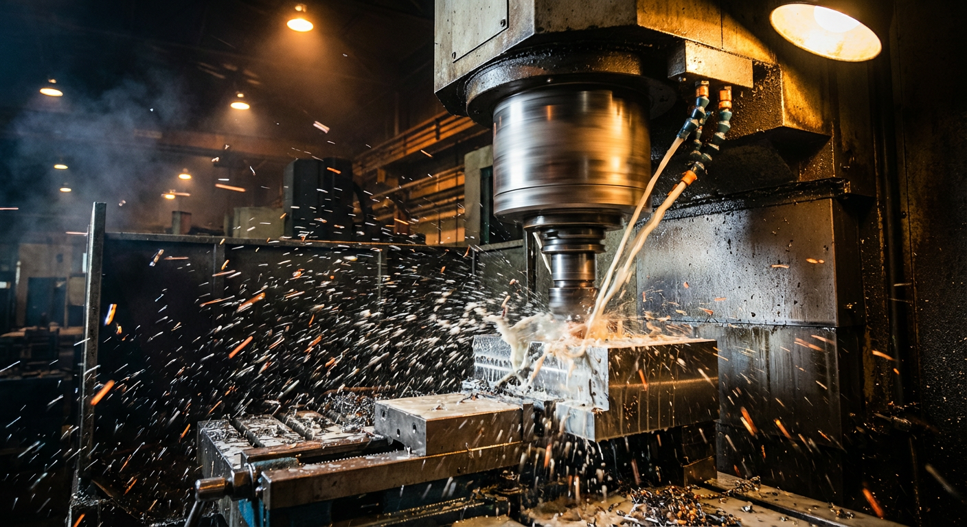 CNC machining in progress with metal cutting and coolant spray - precision aerospace manufacturing