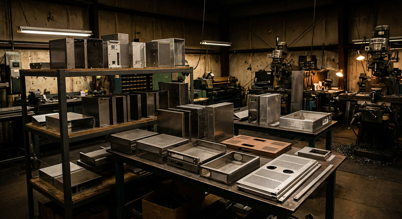 Precision sheet metal enclosures and laser-cut parts in a manufacturing workshop